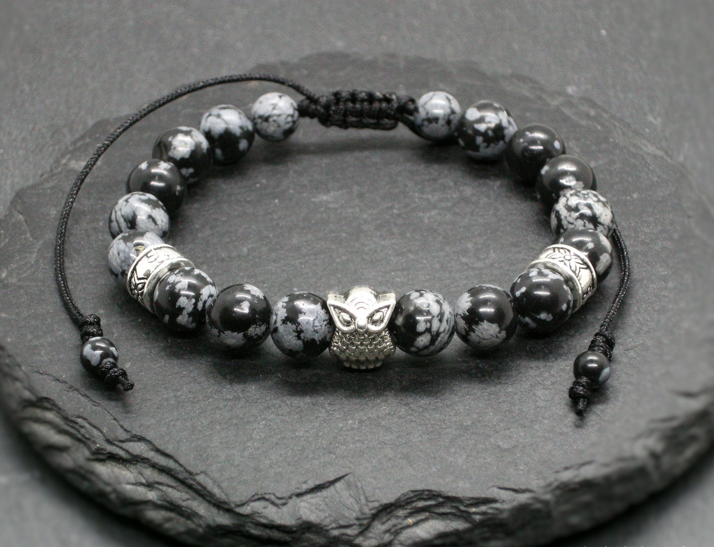 Snowflake Obsidian Owl Bracelet: Adjustable Protective Stone Wristband, Unisex Boho Jewelry