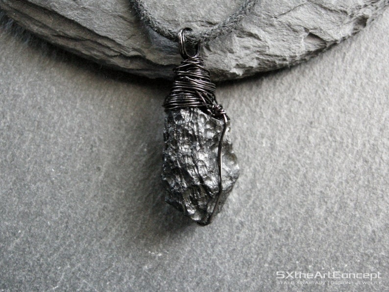 Tektite pendant, extraterrestrial meteorite, stone of luck, unisex wiring necklace, gift for him, men jewelry