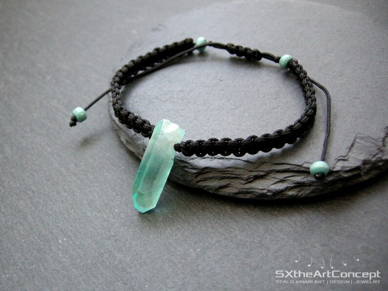 Aqua Aura Quartz point bracelet, braided unisex wristband, anti stress stone image 9