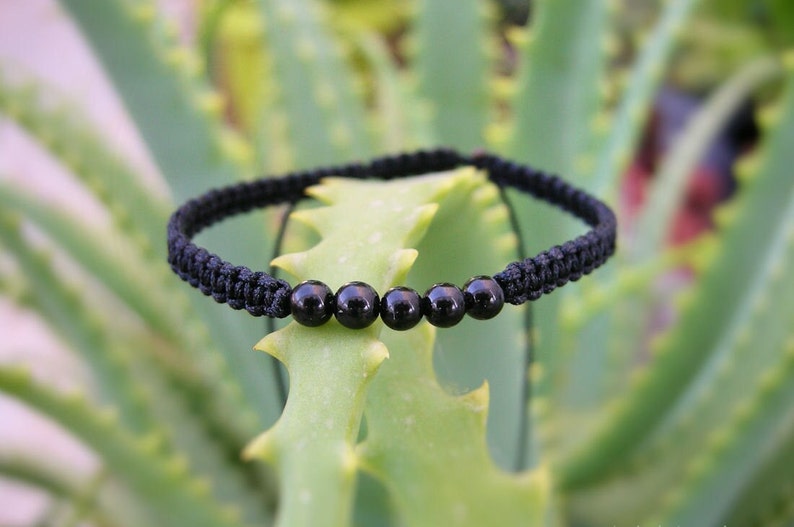 Black Tourmaline thin unisex bracelet with 4mm stones, adjustable