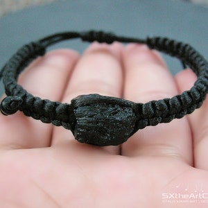 Tektite bracelet, extraterrestrial meteorite, stone of luck, unisex black stacking wristband, braided cuff, space cosmic men jewelry image 2