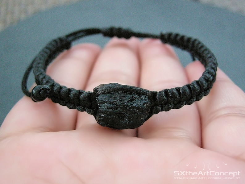 Tektite bracelet, extraterrestrial meteorite, stone of luck, unisex black stacking wristband, braided cuff, space cosmic men jewelry image 2