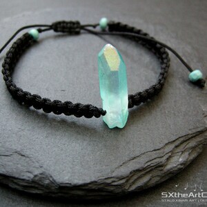 Aqua Aura Quartz point bracelet, braided unisex wristband, anti stress stone image 2