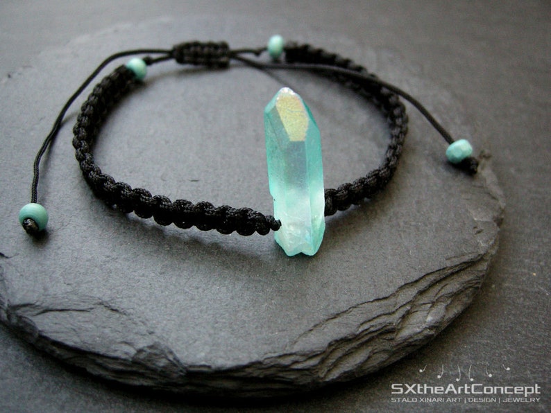 Aqua Aura Quartz point bracelet, braided unisex wristband, anti stress stone image 2