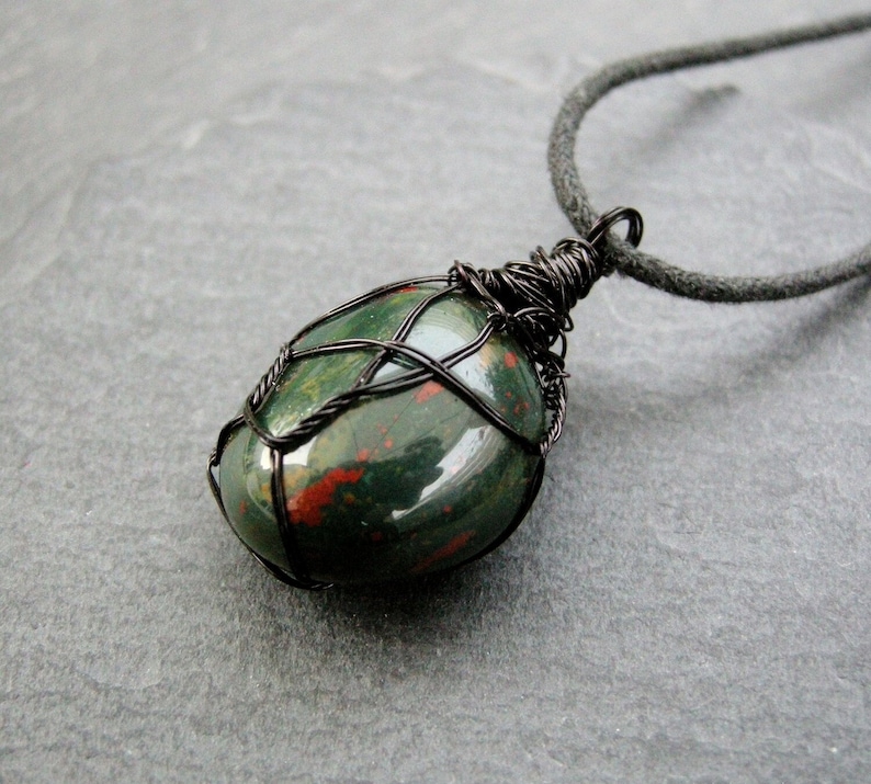 Bloodstone pendant, Heliotrope unisex protective necklace amulet, March Birthstone, balance and anti anxiety gemstone, men gift jewelry