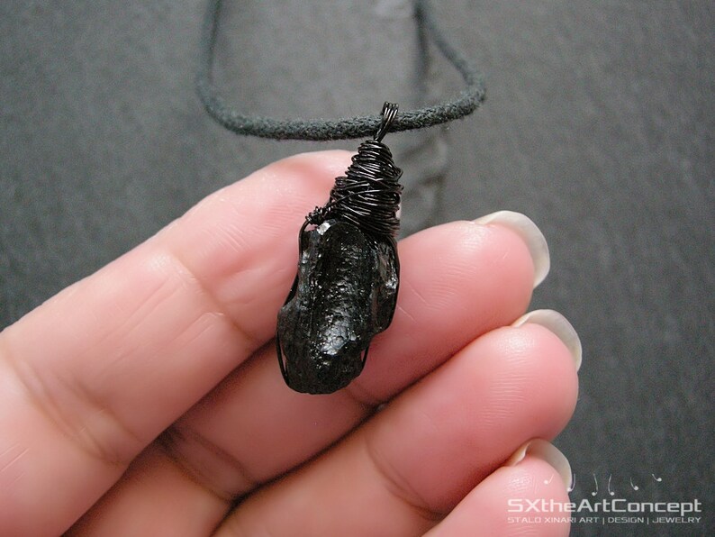 Tektite pendant, extraterrestrial meteorite, stone of luck, unisex wiring necklace, gift for him, men jewelry