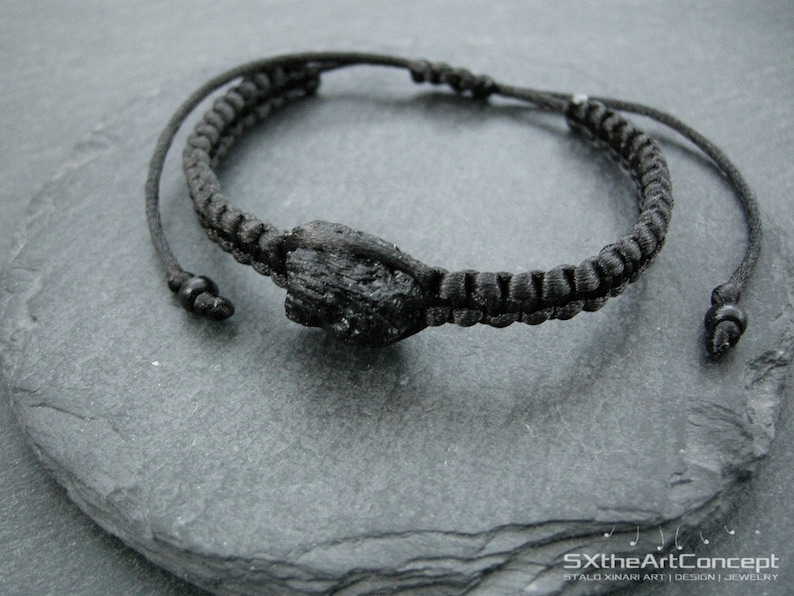 Tektite bracelet, extraterrestrial meteorite, stone of luck, unisex black stacking wristband, braided cuff, space cosmic men jewelry image 5