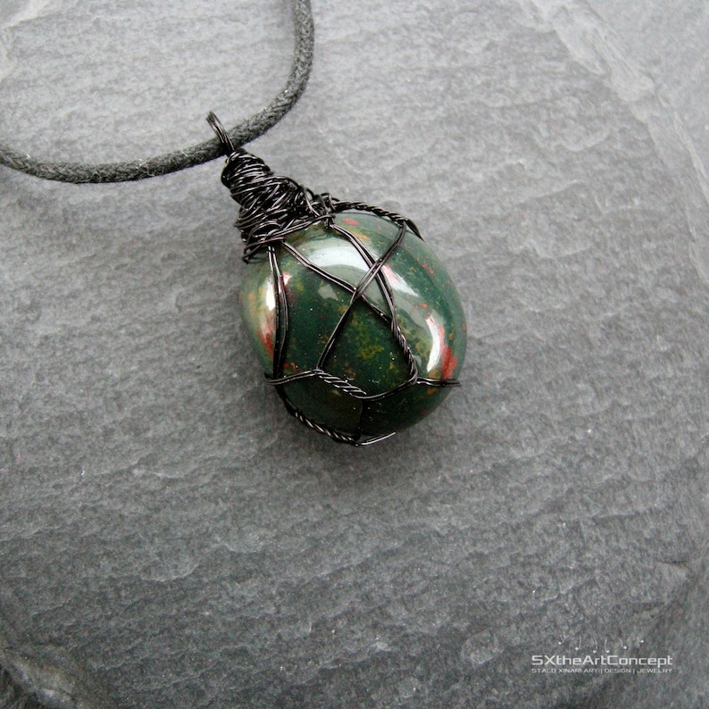 Bloodstone pendant, Heliotrope unisex protective necklace amulet, March Birthstone, balance and anti anxiety gemstone, men gift jewelry
