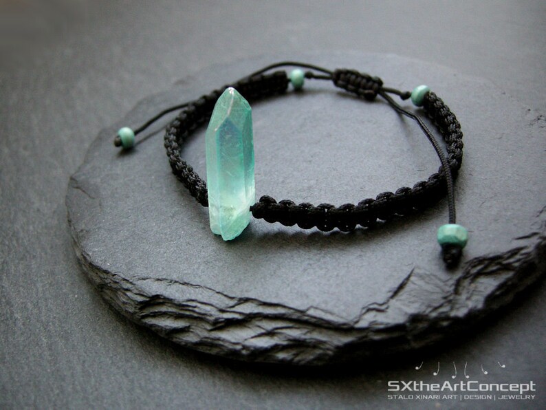 Aqua Aura Quartz point bracelet, braided unisex wristband, anti stress stone image 4