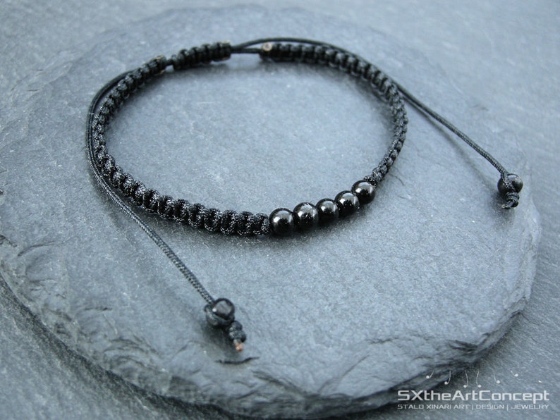 Black Tourmaline men's bracelet, unisex braided cuff, stacking wristband, emf protection stone, schorl, yoga gift, for him, her, men jewelry imagem 3