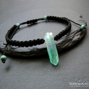 Aqua Aura Quartz point bracelet, braided unisex wristband, anti stress stone image 6