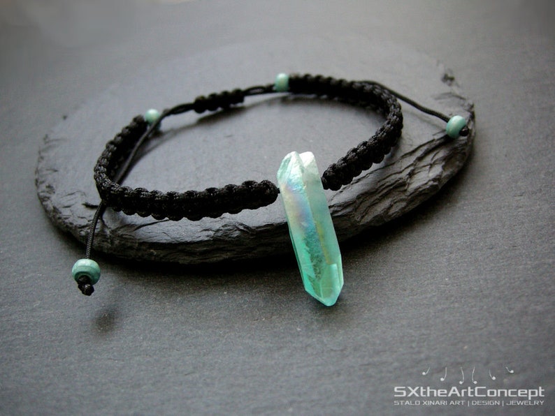 Aqua Aura Quartz point bracelet, braided unisex wristband, anti stress stone image 6
