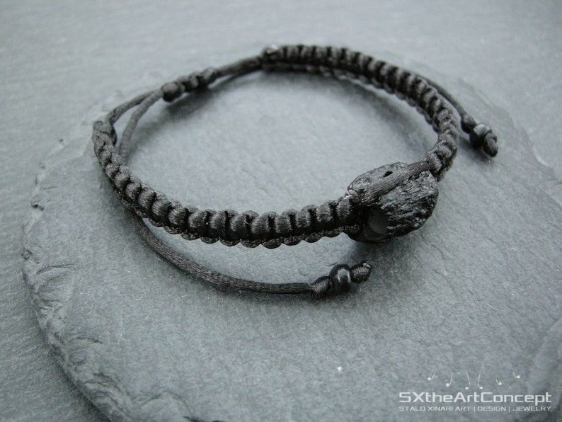 Tektite bracelet, extraterrestrial meteorite, stone of luck, unisex black stacking wristband, braided cuff, space cosmic men jewelry image 3