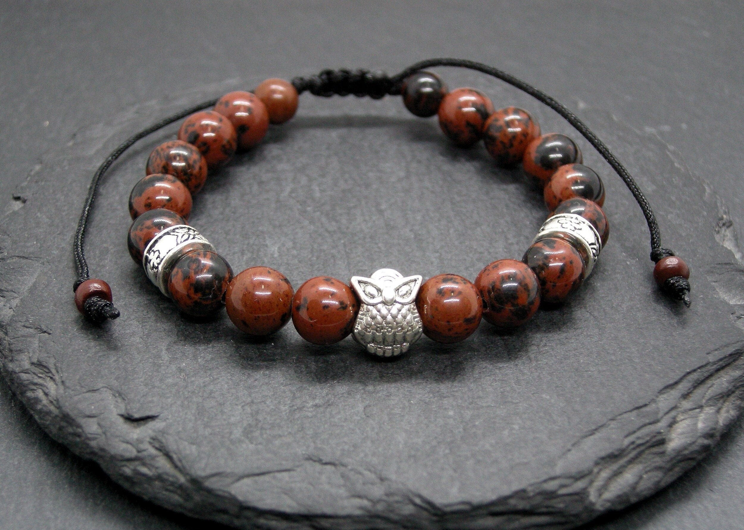 Mahogany Obsidian owl bracelet, stacking wristband, anxiety stone, adjustable unisex jewelry
