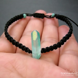 Aqua Aura Quartz point bracelet, braided unisex wristband, anti stress stone image 3