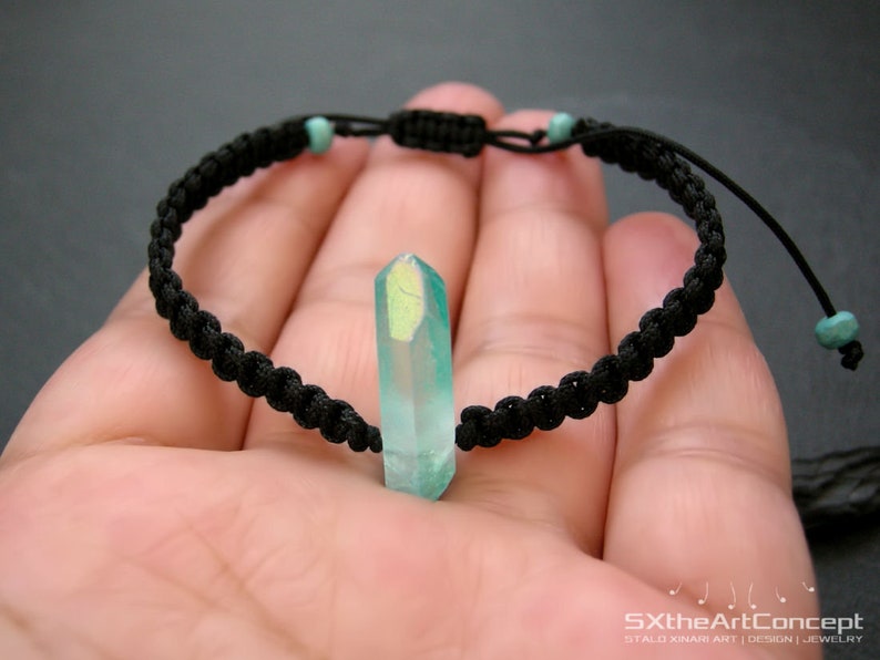 Aqua Aura Quartz point bracelet, braided unisex wristband, anti stress stone image 3