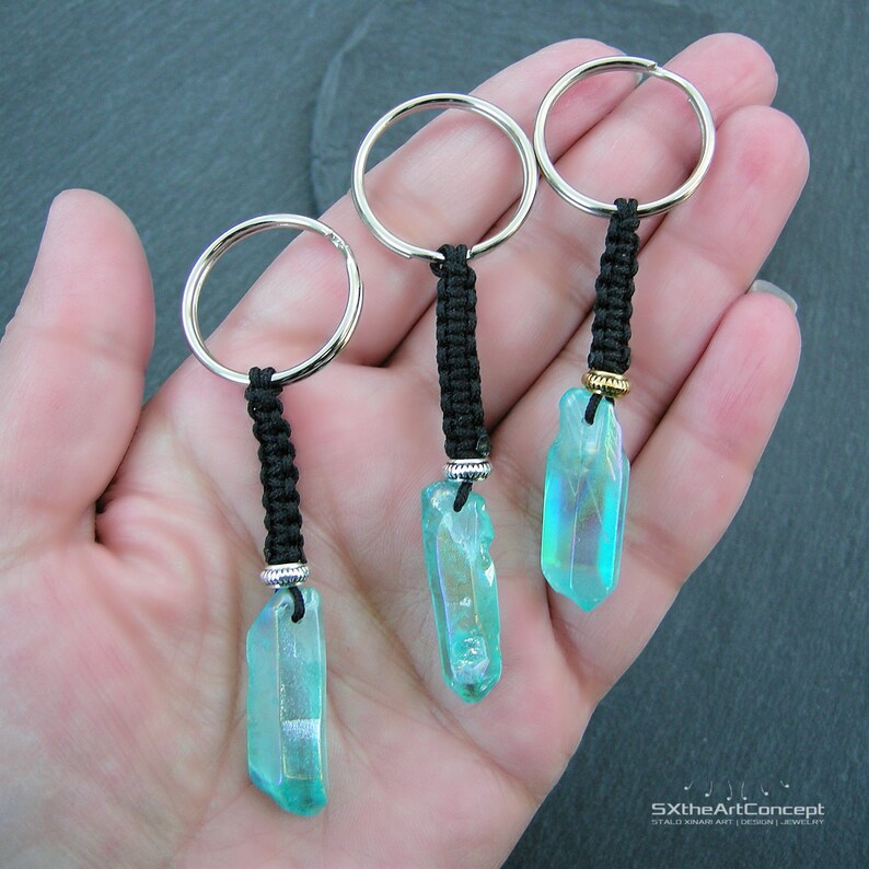 Aqua Aura Quartz Point Key-chain: Braided Crystal Keyring, Gemstone Bag ...