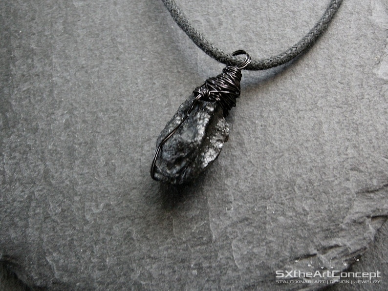 Tektite pendant, extraterrestrial meteorite, stone of luck, unisex wiring necklace, gift for him, men jewelry