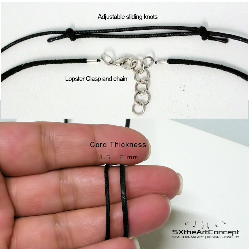 Op de afbeelding: Close-up van een zwarte koordketting met verstelbare schuifknopen en een karabijnsluiting. De koorddikte is 1,5 mm en 2 mm. De tekst "SXtheArtConcept" is zichtbaar.