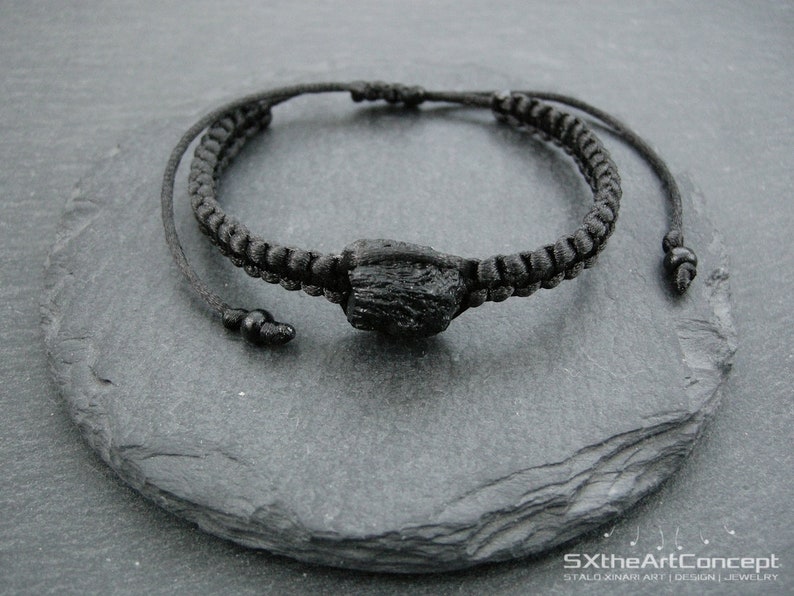 Tektite bracelet, extraterrestrial meteorite, stone of luck, unisex black stacking wristband, braided cuff, space cosmic men jewelry image 4
