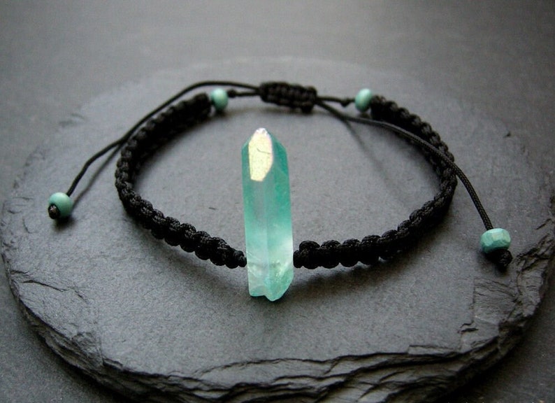 Aqua Aura Quartz point bracelet, braided unisex wristband, anti stress stone image 1