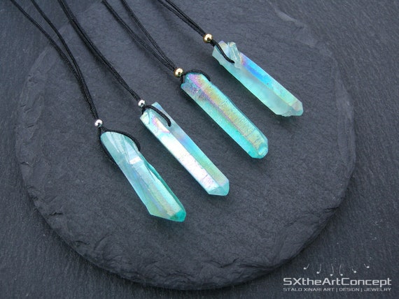 Aqua Aura Quartz Point Pendant Success Stone Anti Stress - Aqua Aura Pendant Necklace Aqua Aura Quartz Point Pendant Success Stone Anti Stress - Aqua Aura Pendant Necklace