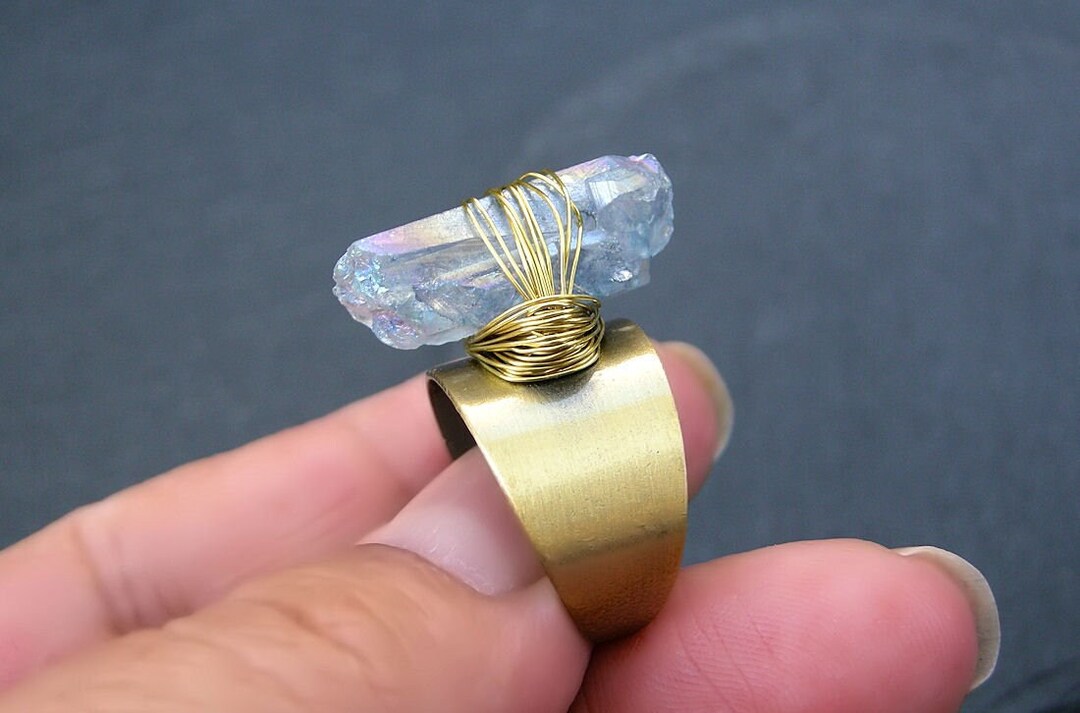 Quartz Point Ring Indigo Aura Quartz Point Ring: Brass Wire Wrapped Adjustable, Calming ...