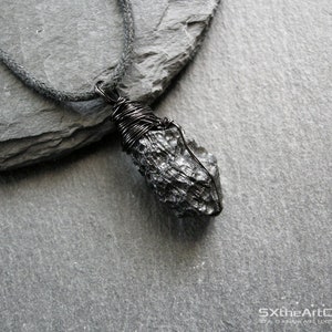 Tektite pendant, extraterrestrial meteorite, stone of luck, unisex wiring necklace, gift for him, men jewelry
