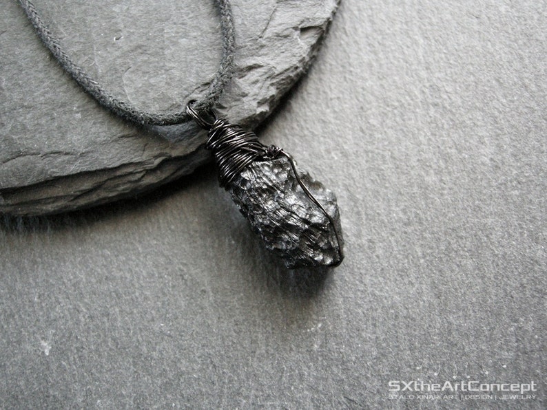 Tektite pendant, extraterrestrial meteorite, stone of luck, unisex wiring necklace, gift for him, men jewelry