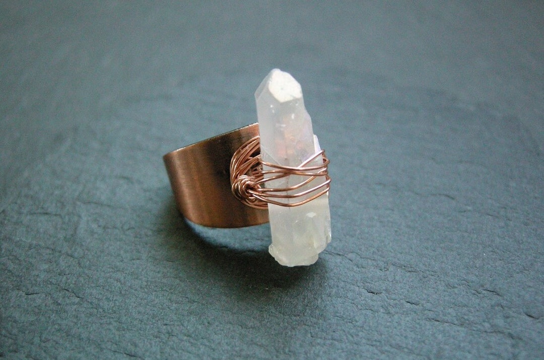 Quartz Point Ring Rainbow Aura Quartz Point Ring: Copper Wire Wrapped Crystal Adjustable ...