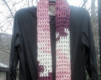 REDUCED. Crochet Scarf....Chunky....Long Boho Batik Design Crochet Scarf in shades of Pink, White and Maroon..Long  Fringe