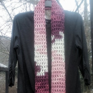 REDUCED. Crochet Scarf....Chunky....Long Boho Batik Design Crochet Scarf in shades of Pink, White and Maroon..Long Fringe image 1