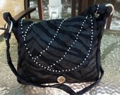 Boho Bag Crossbody Shoulder Bag, Fabric, Beaded, Hippie, Quilted in Navy Blue and Metallic Animal Print Fabric, Small to Medium Sized