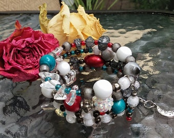 Boho...Cuff Bracelet...Wrap Cuff Memory Wire Gemstone Beaded Boho Charm Bracelet Stack in Black, White, Turquoise, Red and Silver - B013