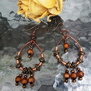 Copper Boho Earrings with Copper Wire and Copper Colored Acrylic Beads and Glass Seed Beads - E008