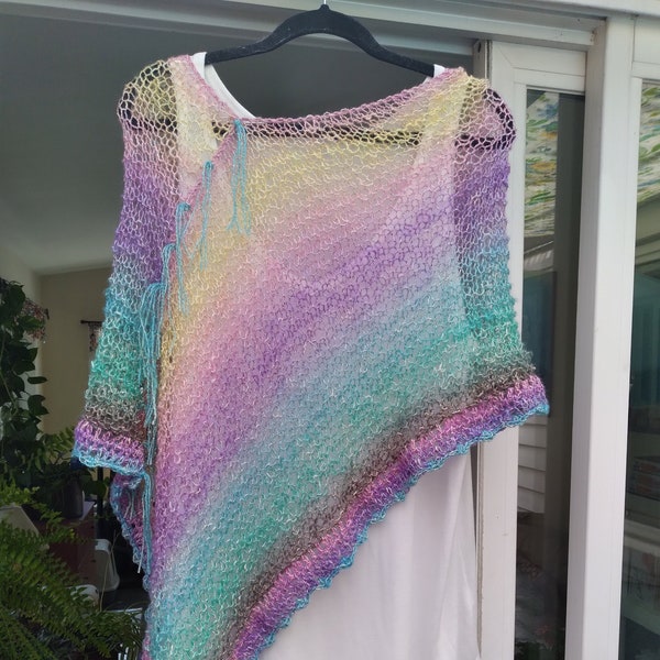 Boho..Poncho/Shawl..Hand Knitted..Cotton/Acrylic..Loose Open Weave...Lightweight....Sexy Summer Knit...Variegated Yarn in Summer Pastels