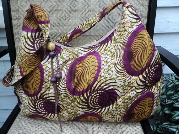 Machine Quilted..Beige and Blue Pattern..Zipper and Lined in Blue Large Hobo Fabric bag....African Wax Print Cotton...Boho... Handmade