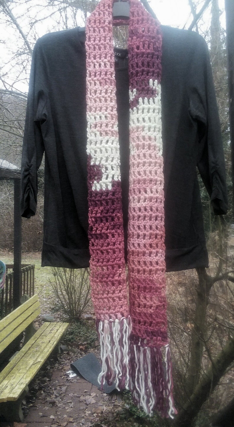 REDUCED. Crochet Scarf....Chunky....Long Boho Batik Design Crochet Scarf in shades of Pink, White and Maroon..Long Fringe image 1