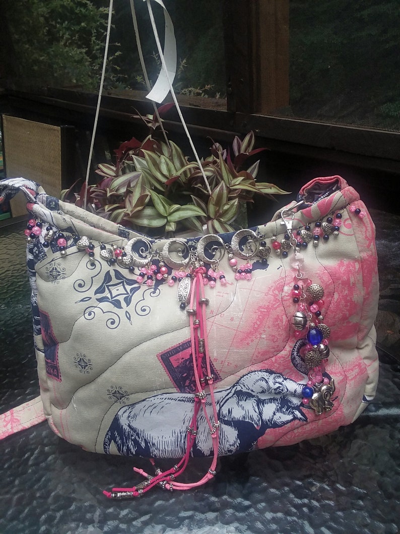 Heavy Cotton Beaded /& Keychain Magnetic Closure Boho Bag Pockets Quilted Africa Elephant Design Large Hippie CrossbodyShoulder