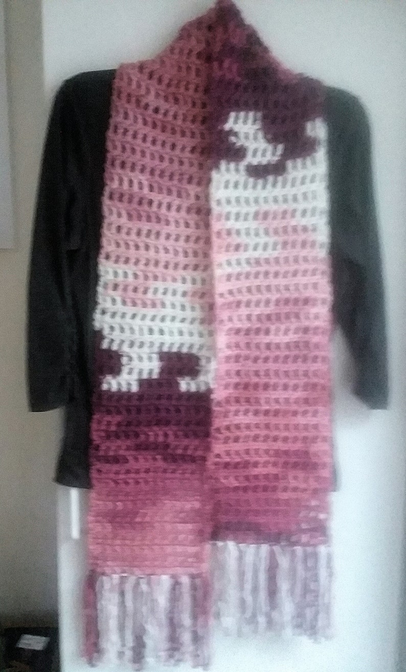 REDUCED. Crochet Scarf....Chunky....Long Boho Batik Design Crochet Scarf in shades of Pink, White and Maroon..Long Fringe image 2