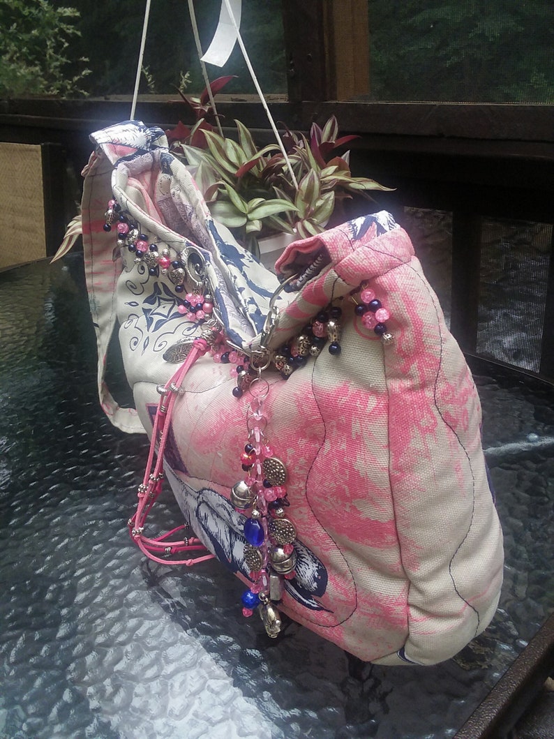Heavy Cotton Beaded /& Keychain Magnetic Closure Boho Bag Pockets Quilted Africa Elephant Design Large Hippie CrossbodyShoulder