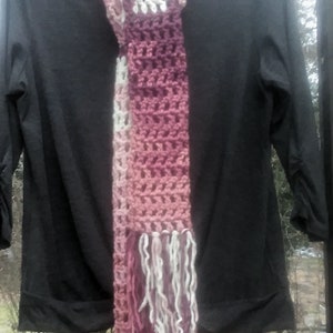 REDUCED. Crochet Scarf....Chunky....Long Boho Batik Design Crochet Scarf in shades of Pink, White and Maroon..Long Fringe image 6