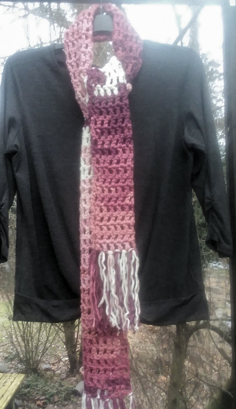 REDUCED. Crochet Scarf....Chunky....Long Boho Batik Design Crochet Scarf in shades of Pink, White and Maroon..Long Fringe image 6