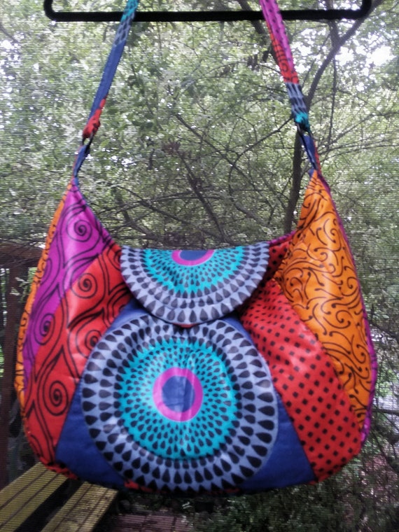 Machine Quilted..Beige and Blue Pattern..Zipper and Lined in Blue Large Hobo Fabric bag....African Wax Print Cotton...Boho... Handmade