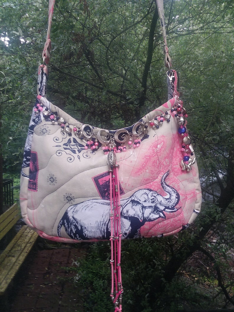 Heavy Cotton Beaded /& Keychain Magnetic Closure Boho Bag Pockets Quilted Africa Elephant Design Large Hippie CrossbodyShoulder
