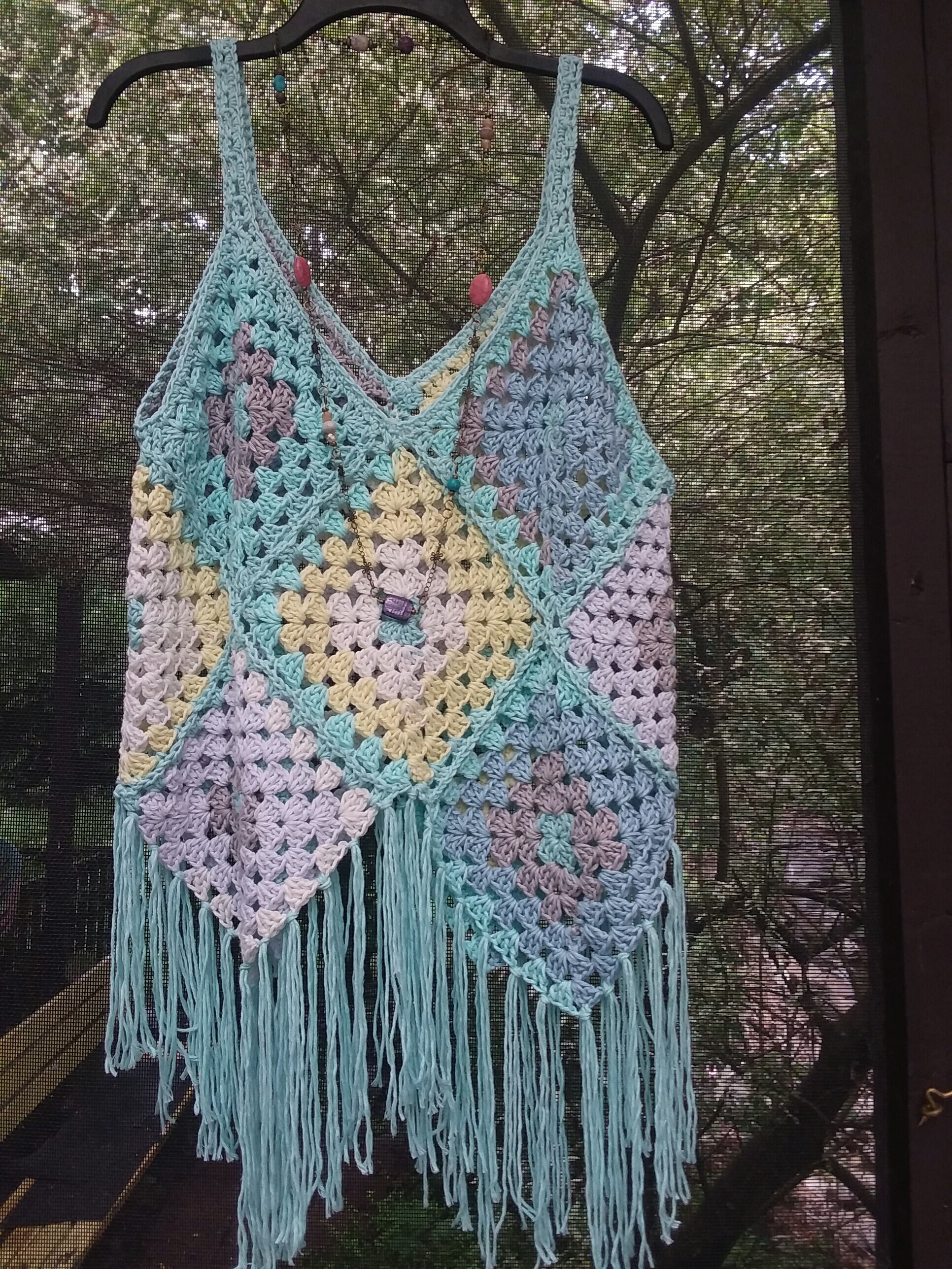 Boho....Fringed Crochet Granny Square Patchwork Tank Etsy