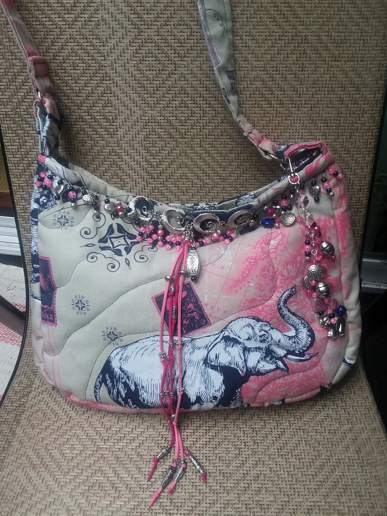 Heavy Cotton Beaded /& Keychain Magnetic Closure Boho Bag Pockets Quilted Africa Elephant Design Large Hippie CrossbodyShoulder