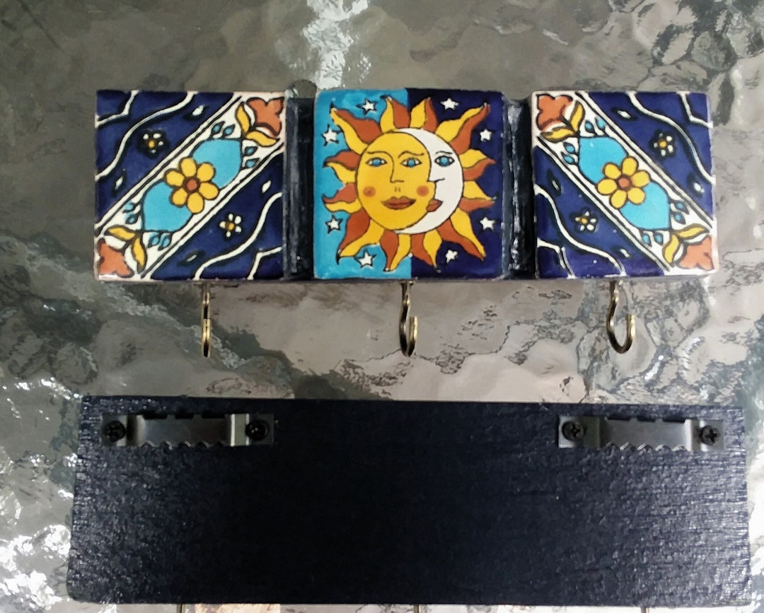 Decorative Tile Key Holder..mexican Talavera Tiles With 3 Dark Etsy