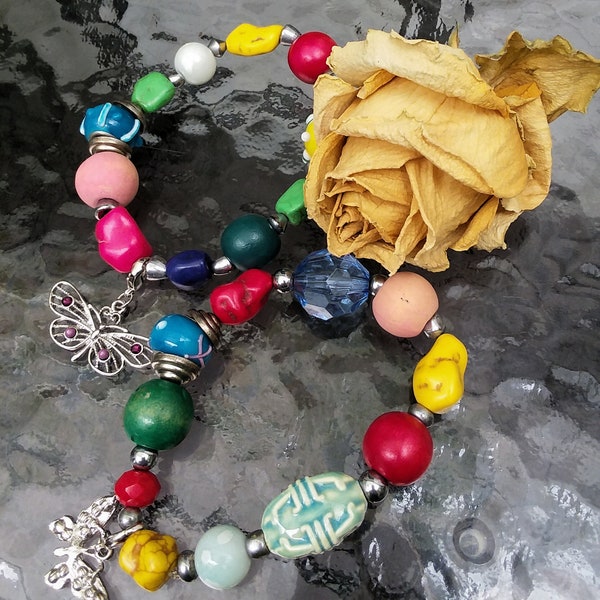Boho, Chunky, Beaded, Multicolored & Silver Stretch Bracelet Set....2 Bracelets...Assorted Beads...Butterfly silver Charms - SB20