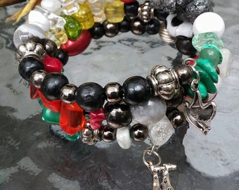 Boho.. Cuff Bracelet..Out-of-Africa Gemstone Wrap Memory Wire Cuff Bracelet Stack in Red, Black, Silver and Green beads and Charms- B005